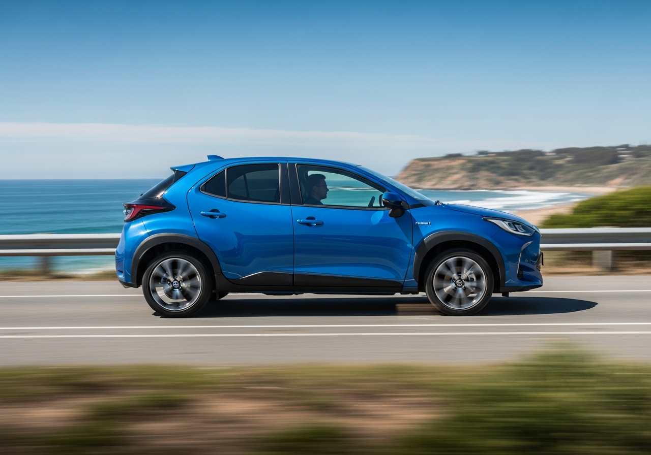 A white Toyota Yaris Hybrid X, an extremely fuel-efficient used car, parked in a modern city environment.